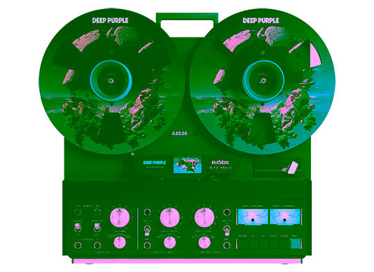 Revox B77 MK III Stereo Tape Recorder Tonbandmaschine – Deep Purple Limited Edition Frontansicht mit SPLAT! Album Artwork auf den Bandspulen