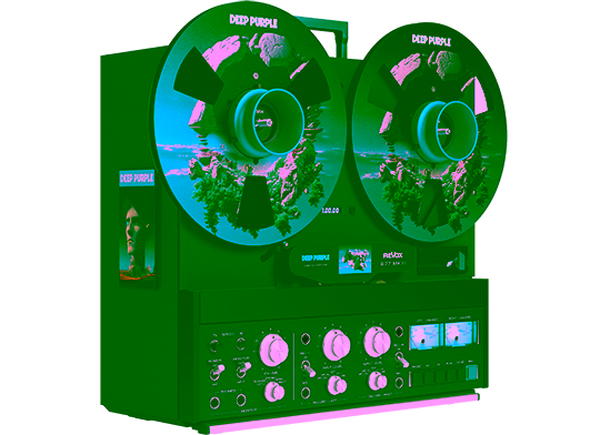 Revox B77 MK III Stereo Tape Recorder Tonbandmaschine – Deep Purple Limited Edition Schrägansicht mit Deep Purple Branding und SPLAT! Bandspulen