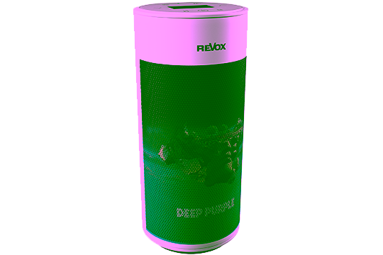 Revox Studiomaster A200 Speaker Lautsprecher – Deep Purple Limited Edition leicht schräge Frontansicht mit Deep Purple Branding, analoger Multiroom HiFi Lautsprecher
