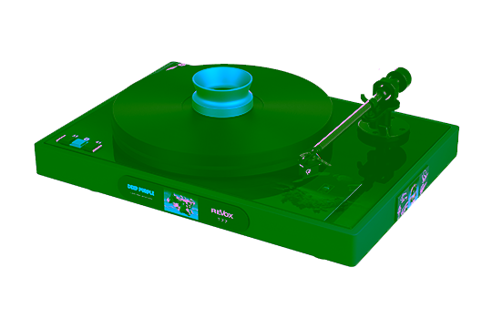 Revox T77 Turntable Plattenspieler – Deep Purple Limited Edition Schrägansicht Angled View mit Tonarm Tonearm und Vinyl-Schallplatte, analoges HiFi-Gerät